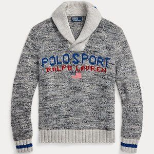 Polo Ralph Lauren American flag sweater. Shawl collar. Size: Medium, Large